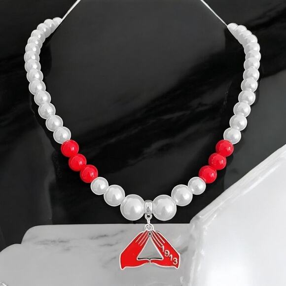 Delta Sigma Theta Necklace Red and White Pearls with Logo - Picture 3 of 3